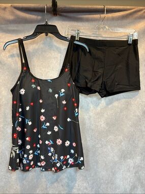 Black Floral Tankini Top with Swim Shorts - Women's One-Piece Style Set